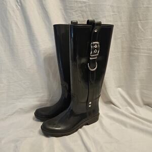 Coach Women's Riding Rain Boots Black Round Toe Knee High Buckle 7